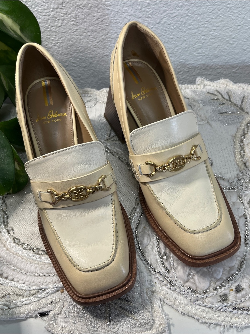 Sam Edelman Quincy Ivory Leather Horsebit Loafers Size 8M Block Heel - Picture 3 of 14